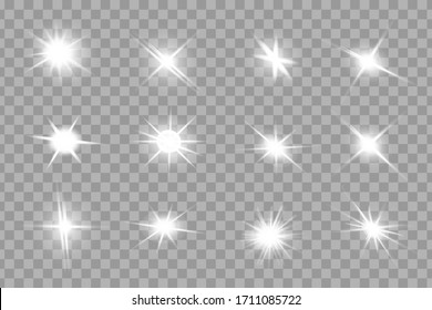 Glow isolated yellow light effect set, lens flare, explosion, glitter, line, sun flash and stars. Abstract special effect element design. Shine ray with lightning. Set of gold bright beautiful stars