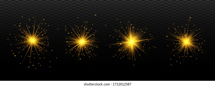 Glow isolated yellow light effect set, lens flare, explosion, glitter, line, sun flash and stars. Abstract special effect element design. Shine ray with lightning. Set of gold bright beautiful stars