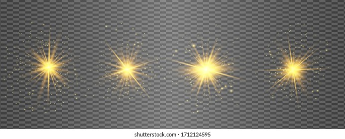 Glow isolated yellow light effect set, lens flare, explosion, glitter, line, sun flash and stars. Abstract special effect element design. Shine ray with lightning. Set of gold bright beautiful stars