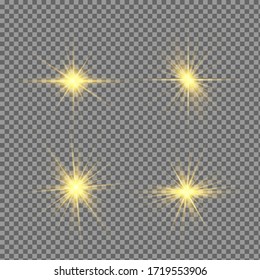 Glow isolated yellow light effect set, lens flare, explosion, glitter, line, sun flash and stars. Abstract special effect element design. Shine ray with lightning. Set of gold bright beautiful stars