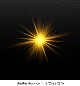 Glow isolated yellow light effect set, lens flare, explosion, glitter, line, sun flash and stars. Abstract special effect element design. Shine ray with lightning. Set of gold bright beautiful stars