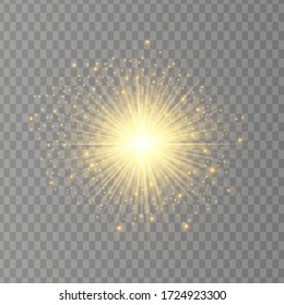 Glow isolated yellow light effect set, lens flare, explosion, glitter, line, sun flash and stars. Abstract special effect element design. Shine ray with lightning. Set of gold bright beautiful stars
