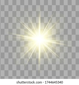 Glow isolated yellow light effect set, lens flare, explosion, glitter, line, sun flash and stars. Abstract special effect element design. Shine ray with lightning. Set of gold bright beautiful stars