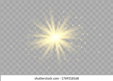 Glow isolated yellow light effect set, lens flare, explosion, glitter, line, sun flash and stars. Abstract special effect element design. Shine ray with lightning. Set of gold bright beautiful stars