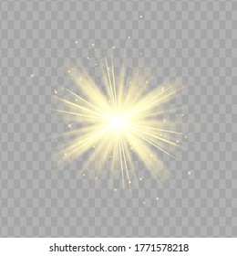 Juego de efecto luminoso amarillo aislado brillante, lente inflamada, explosión, brillo, línea, flash solar y estrellas. Resumen de diseño de elementos de efecto especial. Rayos brillantes con un rayo. Estrellas de oro brillante y hermosas