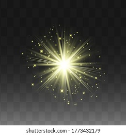 Glow isolierte gelbe Lichteffekt-Set, Objektivfackel, Explosion, Glitter, Linie, Sonnenblitz und Sterne. Abstraktes Design von Spezialeffekten. Shine ray mit Blitz. Satz goldglänzender schöner Sterne.