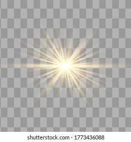 Glow isolated yellow light effect set, lens flare, explosion, glitter, line, sun flash and stars. Abstract special effect element design. Shine ray with lightning. Set of gold bright beautiful stars.