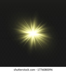 Juego de efecto luminoso amarillo aislado brillante, lente inflamada, explosión, brillo, línea, flash solar y estrellas. Resumen de diseño de elementos de efecto especial. Rayos brillantes con un rayo. Estrellas de oro brillante y hermosas