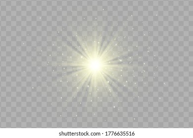 Juego de efecto luminoso amarillo aislado brillante, lente inflamada, explosión, brillo, línea, flash solar y estrellas. Resumen de diseño de elementos de efecto especial. Rayos brillantes con un rayo. Conjunto de brillantes y doradas estrellas hermosas.