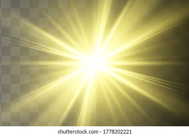 Glow isolated yellow light effect set, lens flare, explosion, glitter, line, sun flash and stars. Abstract special effect element design. Shine ray with lightning. Set of gold bright beautiful stars.