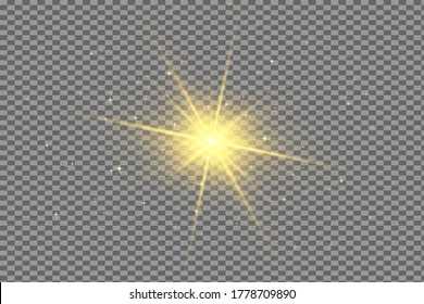 Glow isolierte gelbe Lichteffekt-Set, Objektivfackel, Explosion, Glitter, Linie, Sonnenblitz und Sterne. Abstraktes Design von Spezialeffekten. Shine ray mit Blitz. Satz goldglänzender schöner Sterne.