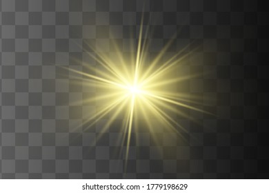 Glow isolated yellow light effect set, lens flare, explosion, glitter, line, sun flash and stars. Abstract special effect element design. Shine ray with lightning. Set of gold bright beautiful stars.