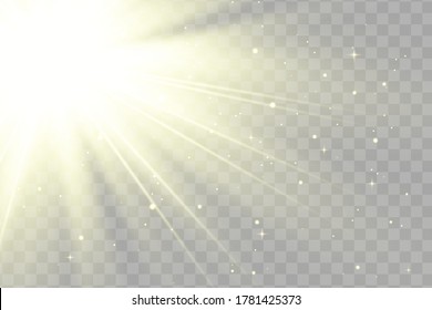 Glow isolated yellow light effect set, lens flare, explosion, glitter, line, sun flash and stars. Abstract special effect element design. Shine ray with lightning. Set of gold bright beautiful stars.