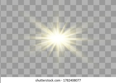 Glow isolated yellow light effect set, lens flare, explosion, glitter, line, sun flash and stars. Abstract special effect element design. Shine ray with lightning. Set of gold bright beautiful stars.