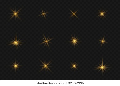 Glow isolated yellow light effect set. Abstract golden lights isolated on a transparent background. Gold flashes and glares. Vector illustration.