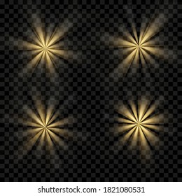 Glow isolated yellow light effect set, lens flare, explosion, glitter, line, sun flash and stars. Abstract special effect element design. Shine ray with lightning. Set of gold bright beautiful stars