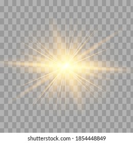 Glow isolated yellow light effect set, lens flare, explosion, glitter, line, sun flash and stars. Abstract special effect element design. Shine ray with lightning. Set of gold bright beautiful stars