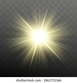 Glow isolated yellow light effect set, lens flare, explosion, glitter, line, sun flash and stars. Abstract special effect element design. Shine ray with lightning. Set of gold bright beautiful stars
