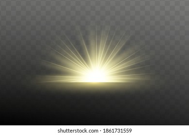 Glow isolated yellow light effect set, lens flare, explosion, glitter, line, sun flash and stars. Abstract special effect element design. Shine ray with lightning. Set of gold bright beautiful stars