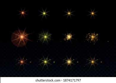 Glow isolated yellow light effect set, lens flare, explosion, glitter, line, sun flash and stars. Abstract special effect element design. Shine ray with lightning. Set of gold bright beautiful stars