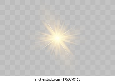 Glow isolated yellow light effect set, lens flare, explosion, glitter, line, sun flash and stars. Abstract special effect element design. Shine ray with lightning. Set of gold bright beautiful stars