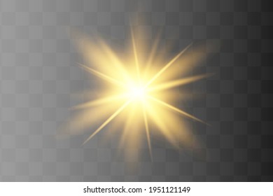 Glow isolated yellow light effect set, lens flare, explosion, glitter, line, sun flash and stars. Abstract special effect element design. Shine ray with lightning. Set of gold bright beautiful stars