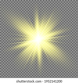 Glow isolated yellow light effect set, lens flare, explosion, glitter, line, sun flash and stars. Abstract special effect element design. Shine ray with lightning. Set of gold bright beautiful stars