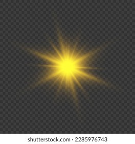Glow isolated yellow light effect set, lens flare, explosion, glitter, line, flash, spark and stars. Transparent shine gradient glitter, bright gold flare. Golden star sparkle. Sun rays, vector