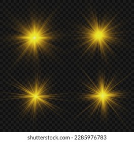 Glow isolated yellow light effect set, lens flare, explosion, glitter, line, flash, spark and stars. Transparent shine gradient glitter, bright gold flare. Golden star sparkle. Sun rays, vector
