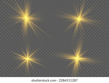 Glow isolated yellow light effect set, lens flare, explosion, glitter, line, flash, spark and stars. Transparent shine gradient glitter, bright gold flare. Golden star sparkle. Sun rays, vector