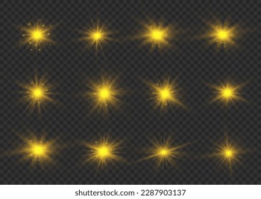 Glow isolated yellow light effect set, lens flare, explosion, glitter, line, flash, spark and stars. Transparent shine gradient glitter, bright gold flare. Golden star sparkle. Sun rays, vector