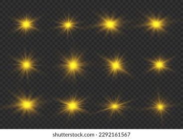 Glow isolated yellow light effect set, lens flare, explosion, glitter, line, flash, spark and stars. Transparent shine gradient glitter, bright gold flare. Golden star sparkle. Sun rays, vector