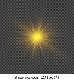 Glow isolierte gelbe Lichteffekt-Set, Objektivfackel, Explosion, Glitter, Linie, Blitz, Funken und Sterne. Transparenter glänzender Farbverlauf-Glitter, heller Goldfleck. Goldener Sternfunkel. Sonnenstrahlen, Vektorgrafik