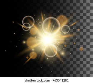 Glow isolated yellow transparent effect, lens flare, explosion, glitter, line, sun flash, spark and stars. For illustration template art design, banner for Christmas celebrate, magic flash energy ray.