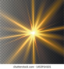 Glow isolated yellow transparent light effect set, lens flare, explosion, glitter, line, sun flash, spark and stars.