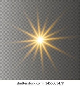 Glow isolated yellow transparent light effect set, lens flare, explosion, glitter, line, sun flash, spark and stars.