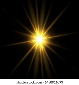 Glow isolated yellow transparent light effect set, lens flare, explosion, glitter, line, sun flash, spark and stars.
