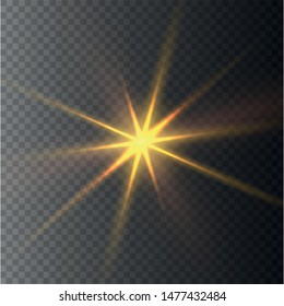 Glow isolated yellow transparent light effect set, lens flare, explosion, glitter, line, sun flash, spark and stars.