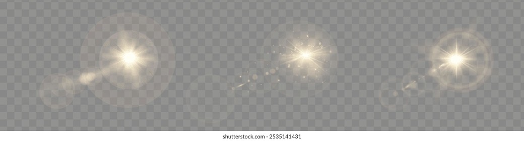 Glow isolated yellow transparent starlight effect set, lens flare, explosion, line, sun flash, glitter, spark and stars. Abstract special effect element design. Shine ray 