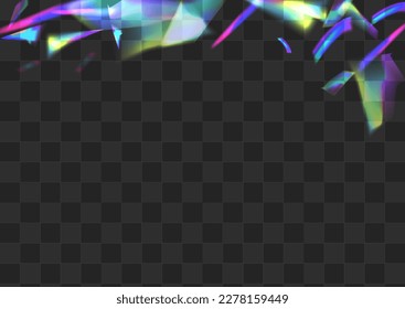 Glow Lens Vector Transparent Background. Shiny Tinsel Falling Wallpaper. Hologram Flash Paper Texture. Color Overlay Cristal Banner.