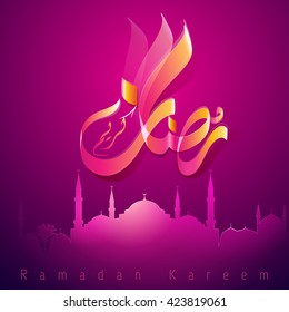 Glow light arabic calligraphy Ramadan Kareem with mosque silhouette for islamic greeting - Translation of text : Ramadan Kareem - May Generosity Bless you during the holy month