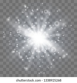 Glow light burst explosion with dust transparent. Bright Star. Transparent shining sun, bright flash. Vector illustration EPS10