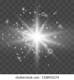 Glow light burst explosion with dust transparent. Bright Star. Transparent shining sun, bright flash. Vector illustration EPS10
