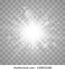 Glow light burst explosion with dust transparent. Bright Star. Transparent shining sun, bright flash. Vector illustration EPS10
