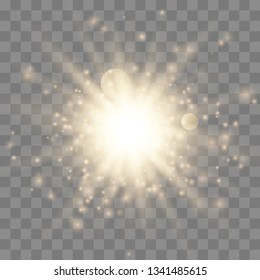 Glow light burst explosion with dust transparent. Bright Star. Transparent shining sun, bright flash. Vector illustration EPS10