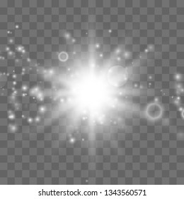 Glow light burst explosion with dust transparent. Bright Star. Transparent shining sun, bright flash. Vector illustration EPS10