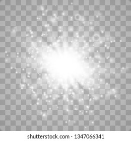 Glow light burst explosion with dust transparent. Bright Star. Transparent shining sun, bright flash. Vector illustration EPS10