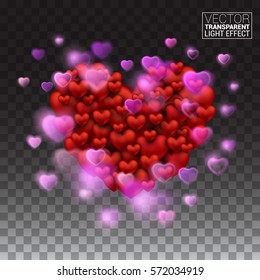Glow light effect. Abstract Light Heart explosion Shining beautiful valentines day. Vector Illustration on transparent background.
