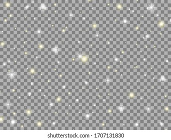 Glow light effect. Bright golden and white sparkles on transparent background. Glitter magic dust particles. Shining stars composition. Sun flash. Christmas decoration. Vector illustration.
