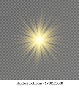 Glow light effect, Bright sun. Vector transparent sunlight, special flash light effect. Sun or spotlight beams. Bright flash. Light PNG. Decor element isolated on transparent background.